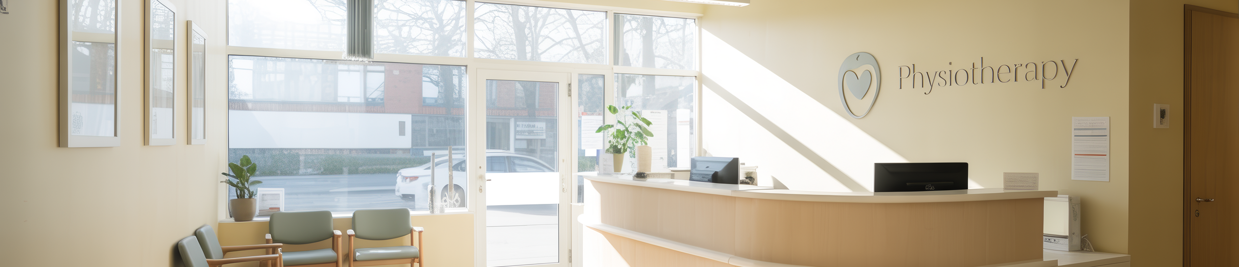 Empfangsbereich einer Physiotherapiepraxis mit Wartezimmer und Anmeldung