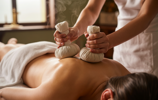 Kräuterstempelmassage mit warmen Kräutern zur tiefen Entspannung von Körper und Muskulatur